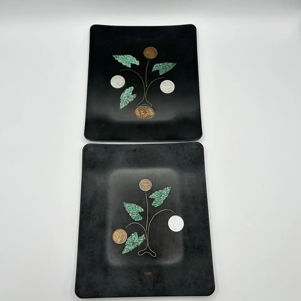 Vintage Couroc of Monterey Coin Turquoise Inlay Trays Set of 2 MCM California
